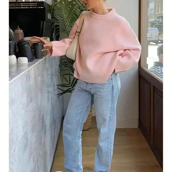Pink Casual Women's Loose Drop Shoulder Pullover Sweater - Picture 3 of 3